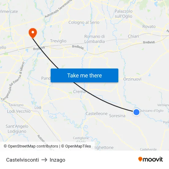 Castelvisconti to Inzago map