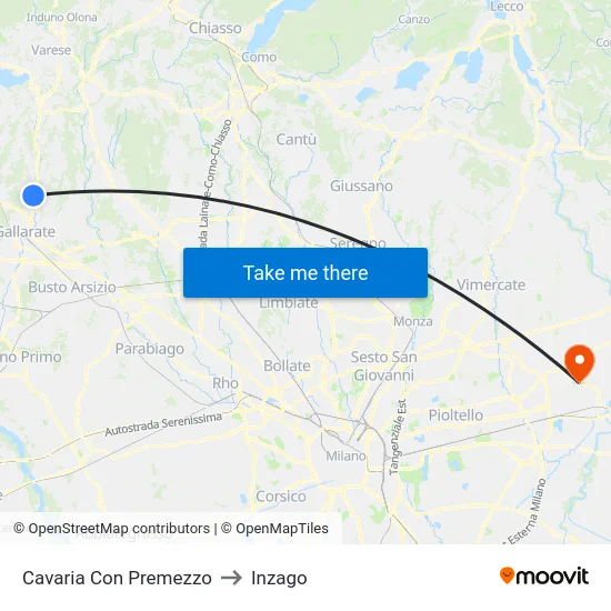 Cavaria Con Premezzo to Inzago map