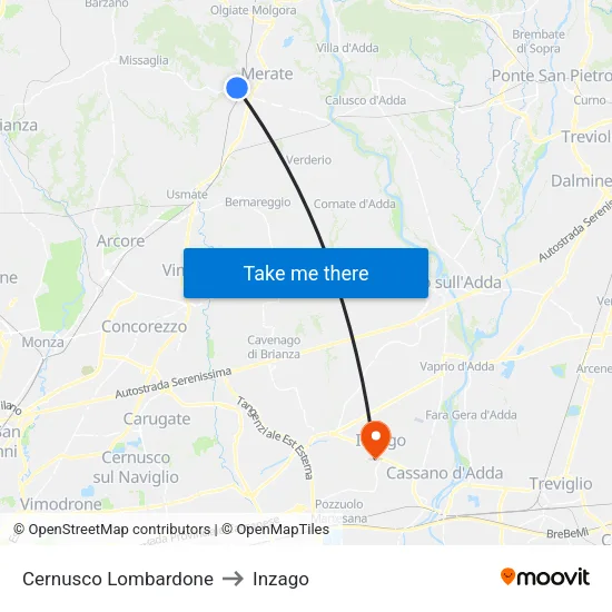 Cernusco Lombardone to Inzago map