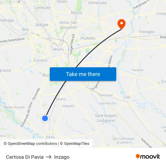 Certosa Di Pavia to Inzago map