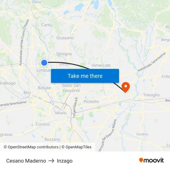 Cesano Maderno to Inzago map