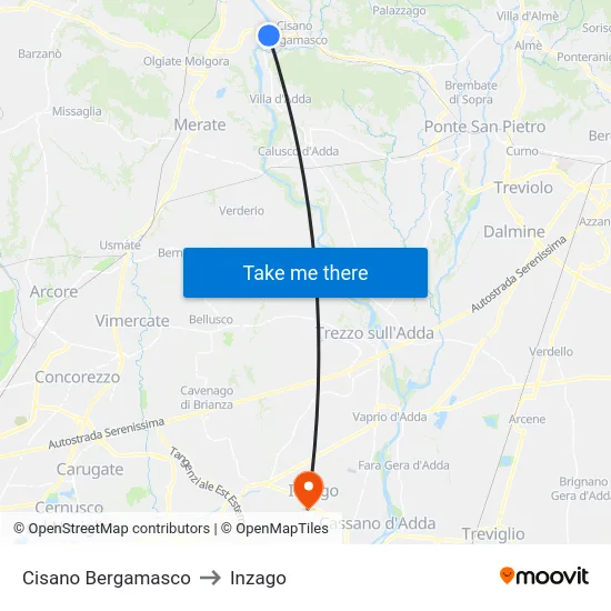 Cisano Bergamasco to Inzago map