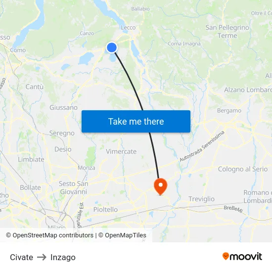 Civate to Inzago map