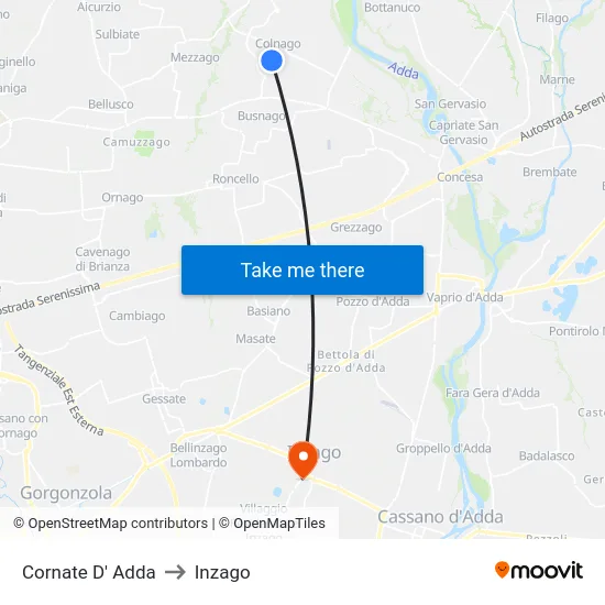 Cornate d'Adda to Inzago map