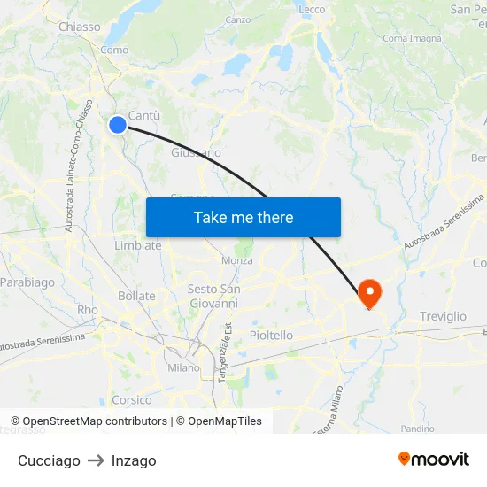 Cucciago to Inzago map