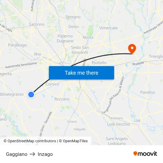 Gaggiano to Inzago map