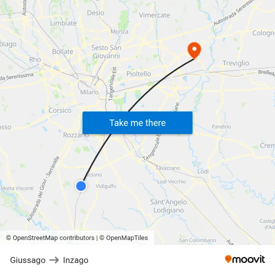 Giussago to Inzago map