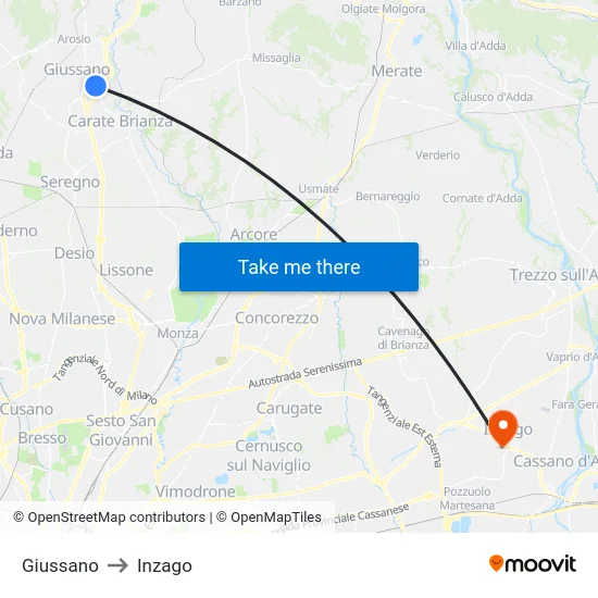 Giussano to Inzago map