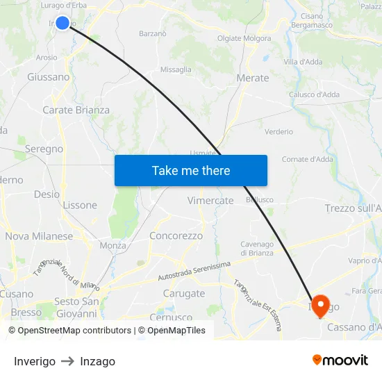 Inverigo to Inzago map