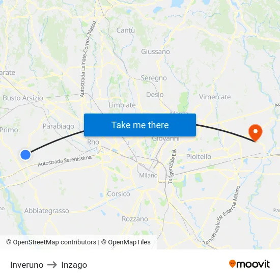 Inveruno to Inzago map