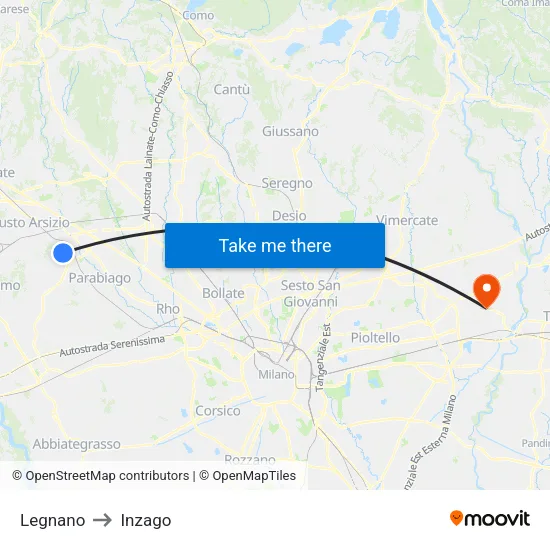 Legnano to Inzago map