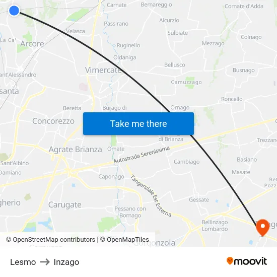 Lesmo to Inzago map