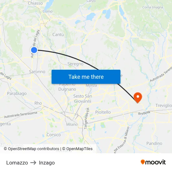 Lomazzo to Inzago map
