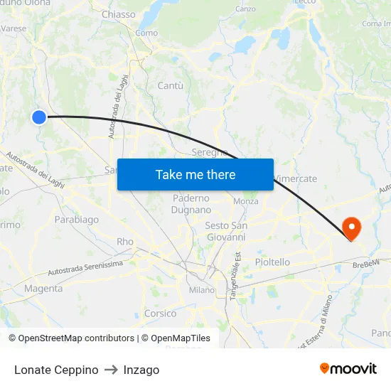 Lonate Ceppino to Inzago map