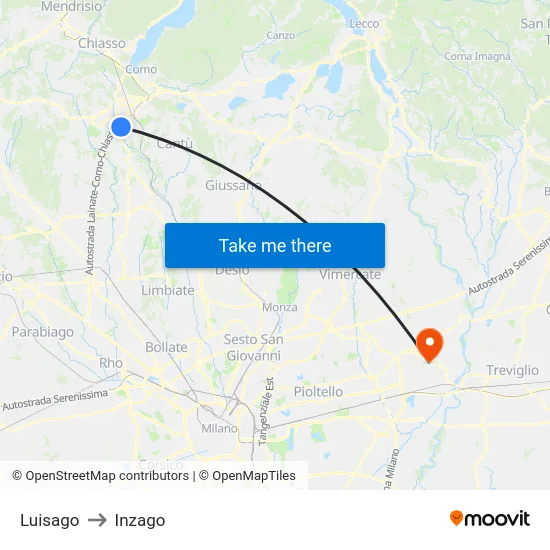 Luisago to Inzago map