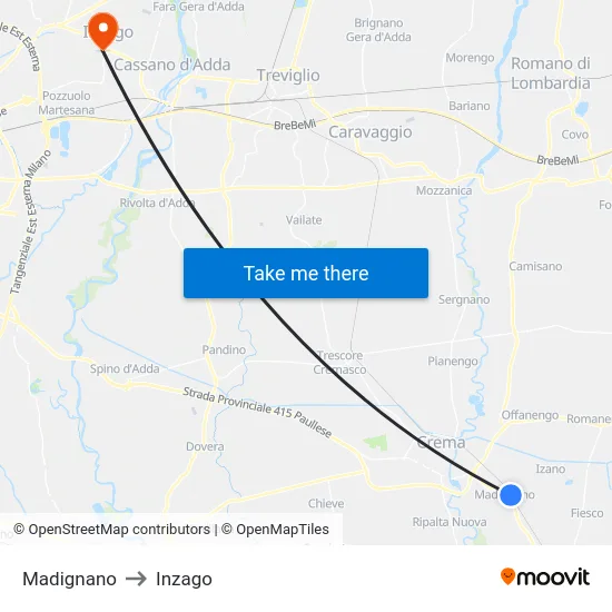 Madignano to Inzago map