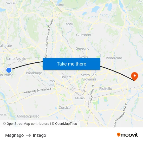 Magnago to Inzago map