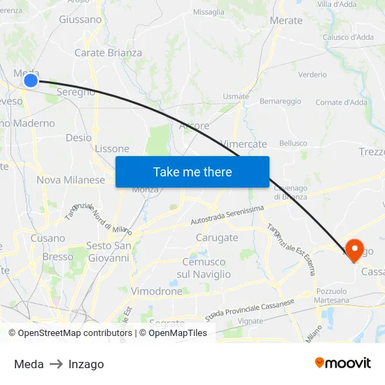 Meda to Inzago map