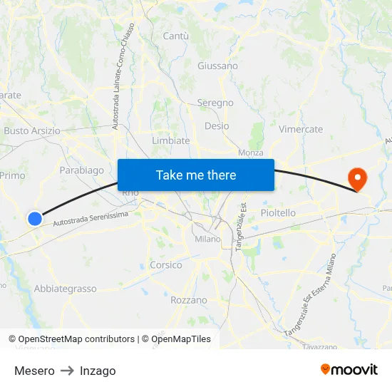 Mesero to Inzago map