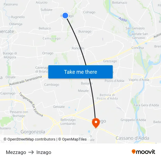 Mezzago to Inzago map