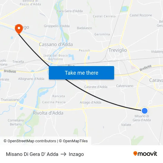 Misano di Gera d'Adda to Inzago map