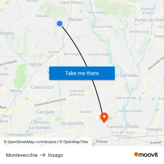 Montevecchia to Inzago map