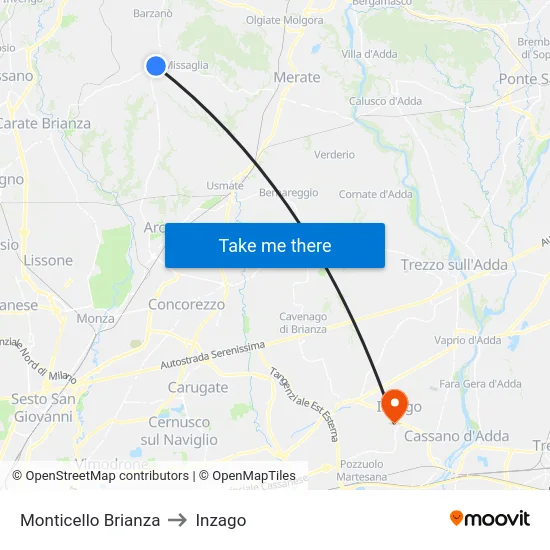 Monticello Brianza to Inzago map