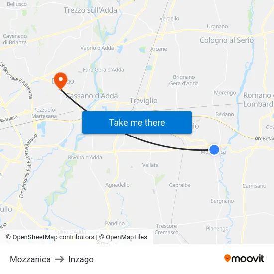 Mozzanica to Inzago map