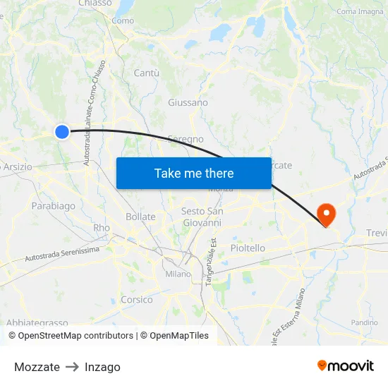 Mozzate to Inzago map