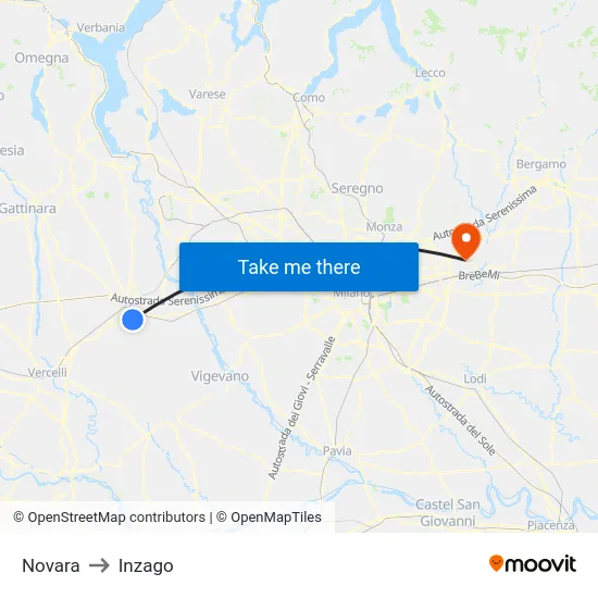 Novara to Inzago map