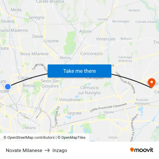 Novate Milanese to Inzago map