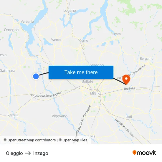 Oleggio to Inzago map