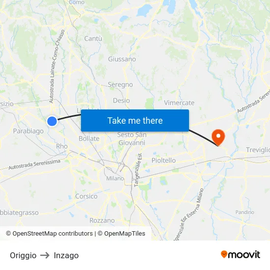 Origgio to Inzago map