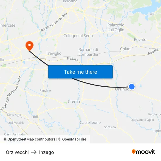 Orzivecchi to Inzago map