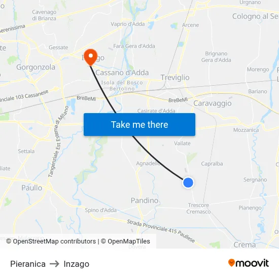 Pieranica to Inzago map