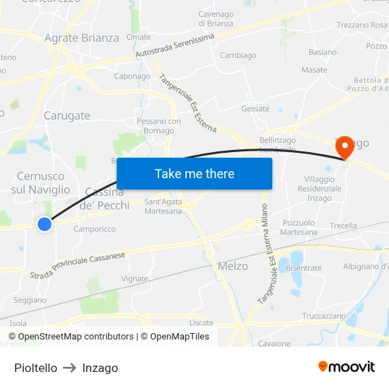 Pioltello to Inzago map