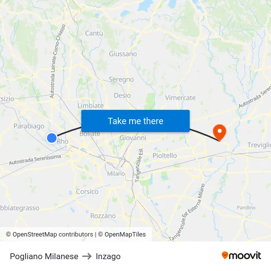 Pogliano Milanese to Inzago map