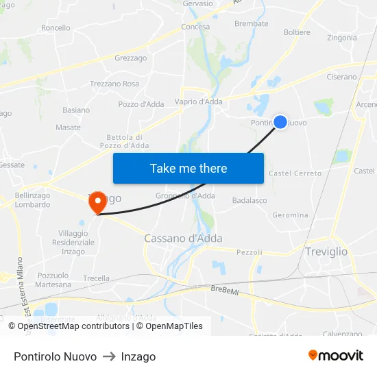 Pontirolo Nuovo to Inzago map