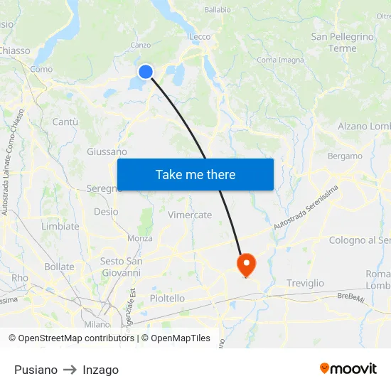 Pusiano to Inzago map