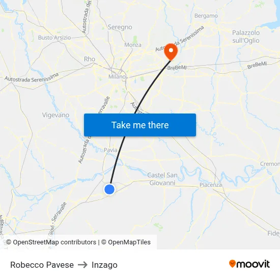 Robecco Pavese to Inzago map