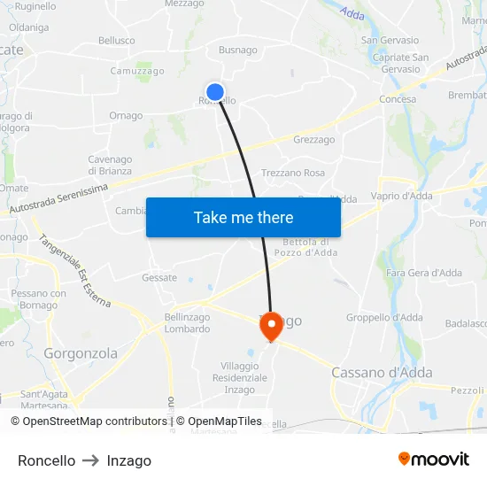 Roncello to Inzago map