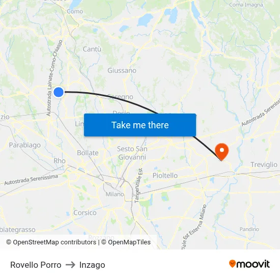 Rovello Porro to Inzago map