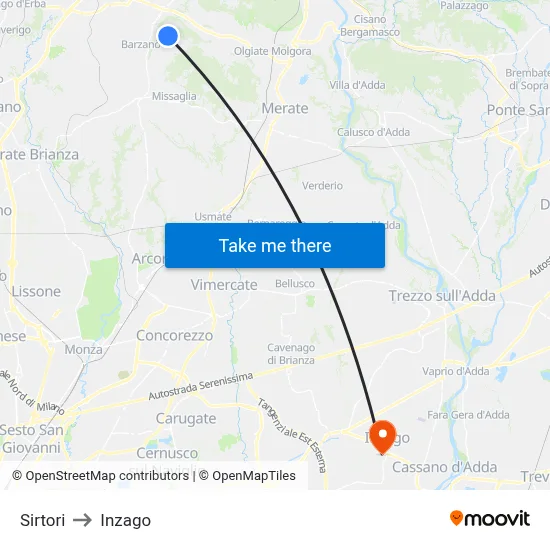 Sirtori to Inzago map