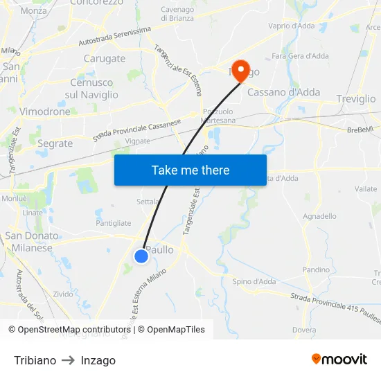 Tribiano to Inzago map