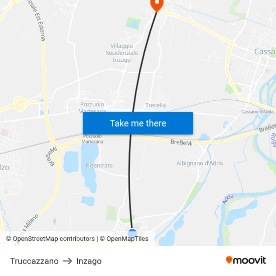 Truccazzano to Inzago map