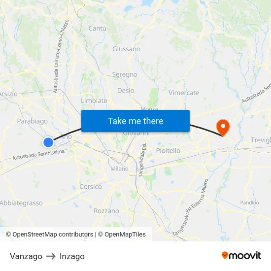 Vanzago to Inzago map