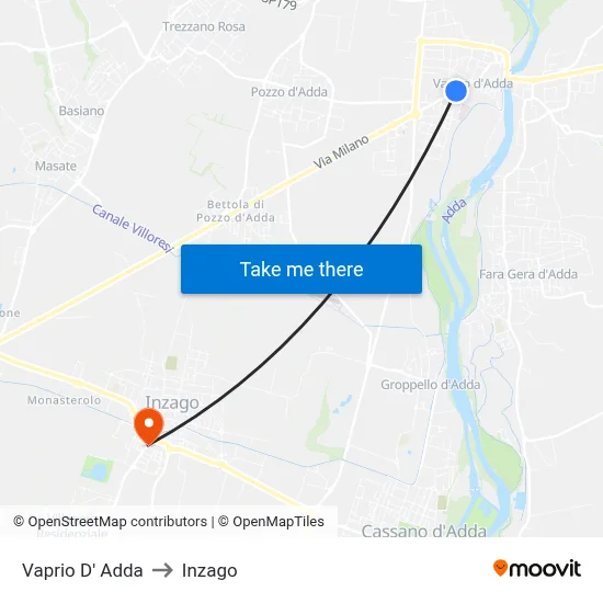 Vaprio D' Adda to Inzago map