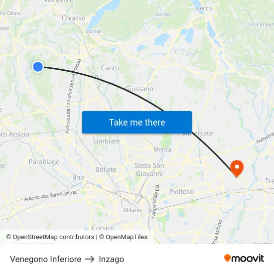 Venegono Inferiore to Inzago map