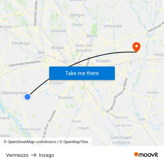 Vermezzo to Inzago map