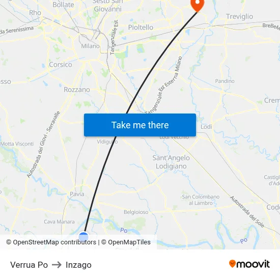 Verrua Po to Inzago map